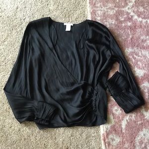 H&M Silk long sleeve black plunge V-neck blouse